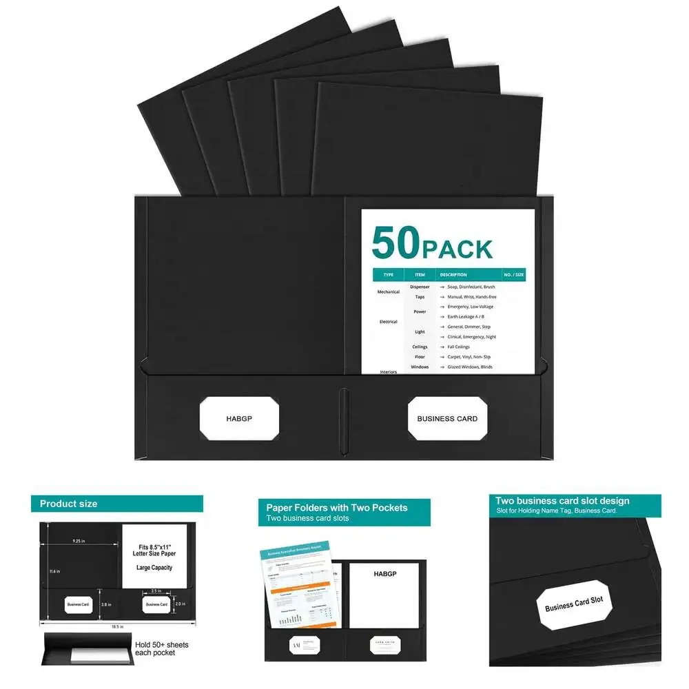 2 Pocket Folders 50 Pack Black Paper File Folders with Pockets for Office School